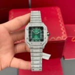 Cartier Santos De Cartier 39.8mm Green Dial Full Moissanite Hongkong – Customize Diamod