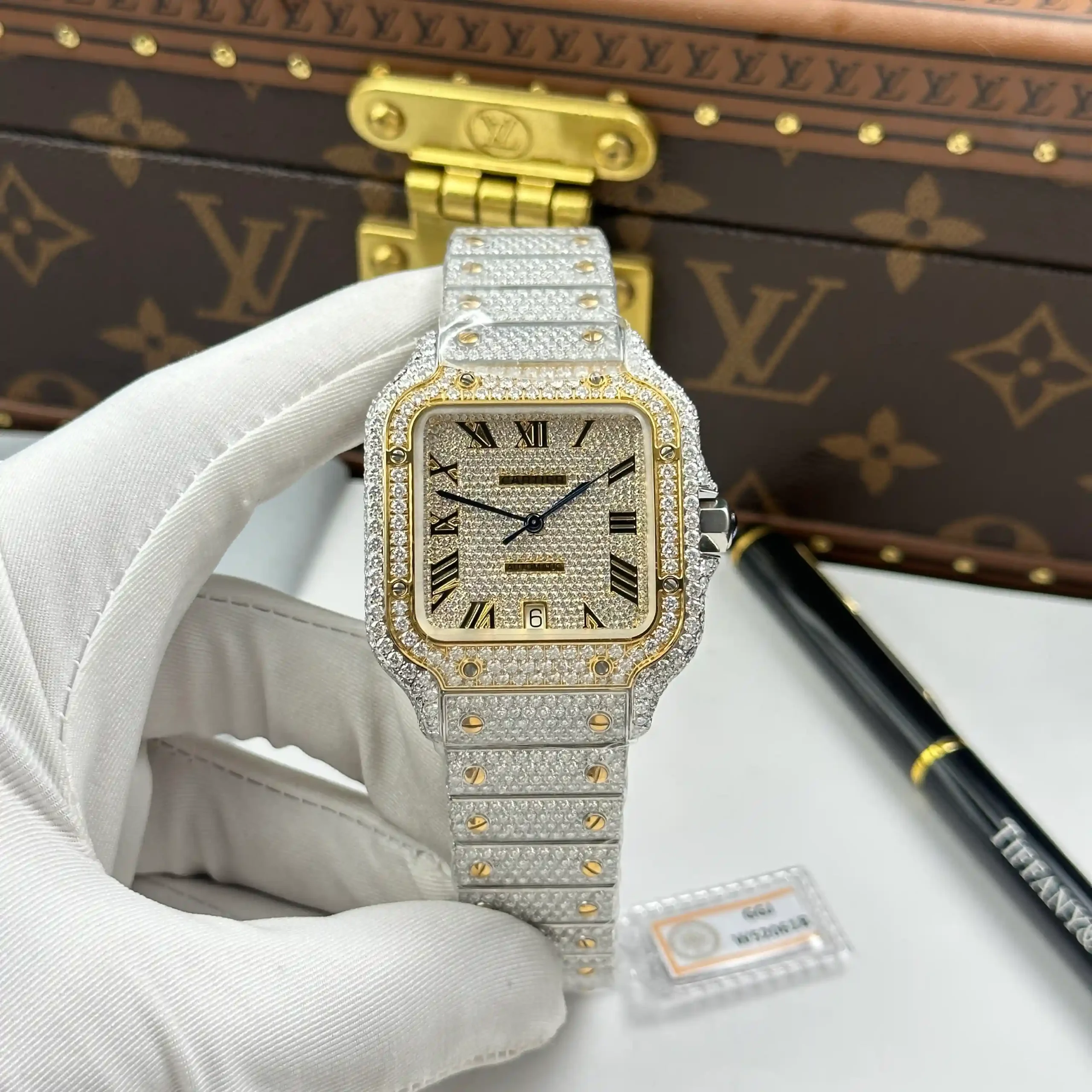 Cartier Santos de Cartie Larger Full Diamond Demi Yellow Gold 39.8mm – Handcrafted Diamod